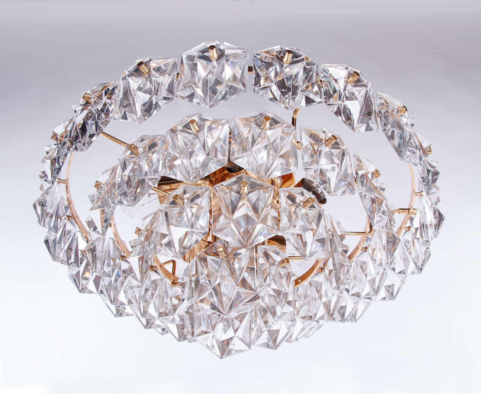 1970 Germany Kinkeldey Flush Mount Crystal & Gilt Brass Chandelier photo for sale