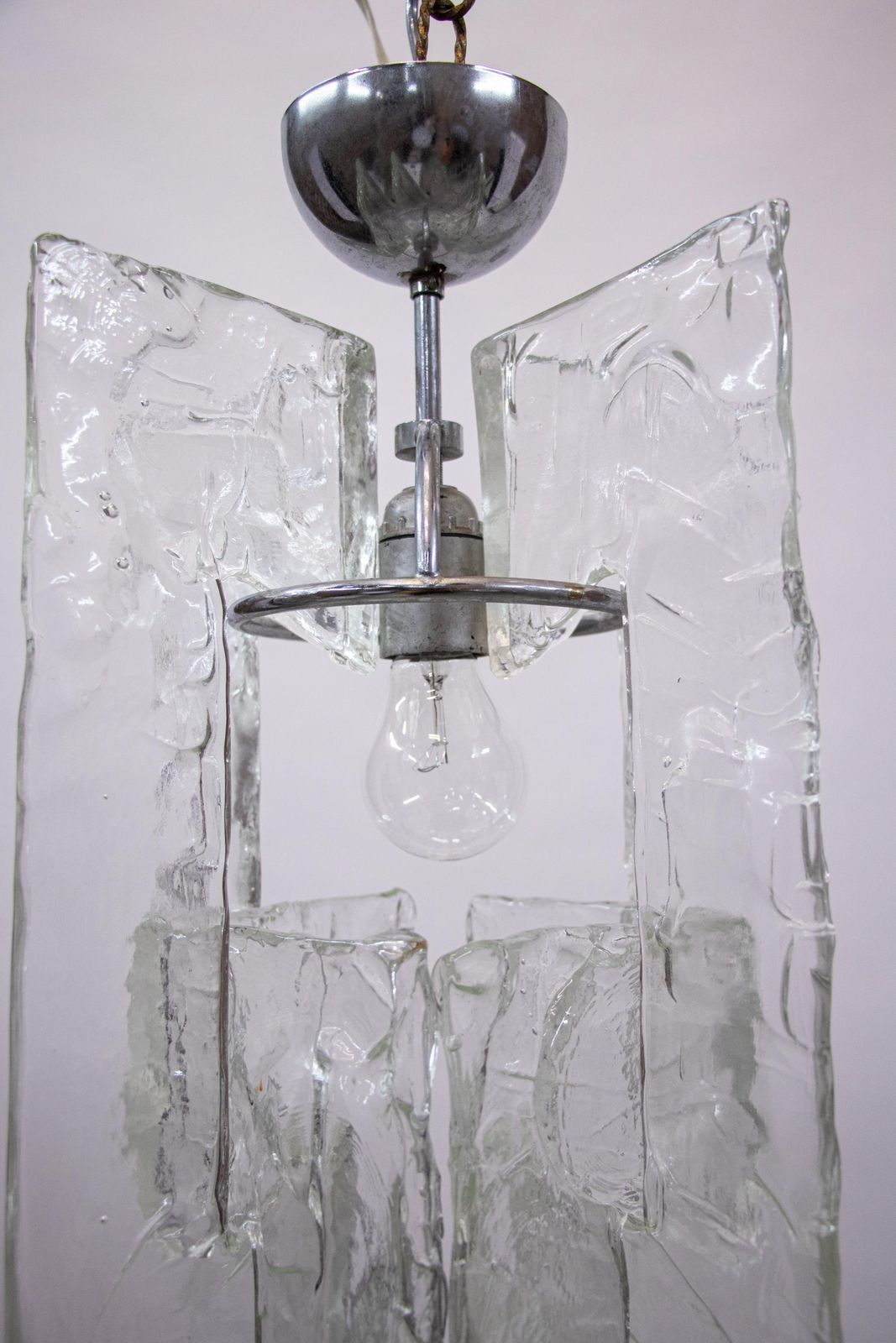 1960 Italy Mazzega Iced Pendant Chandelier Murano Glass & Chrome By Carlo Nason photo buy