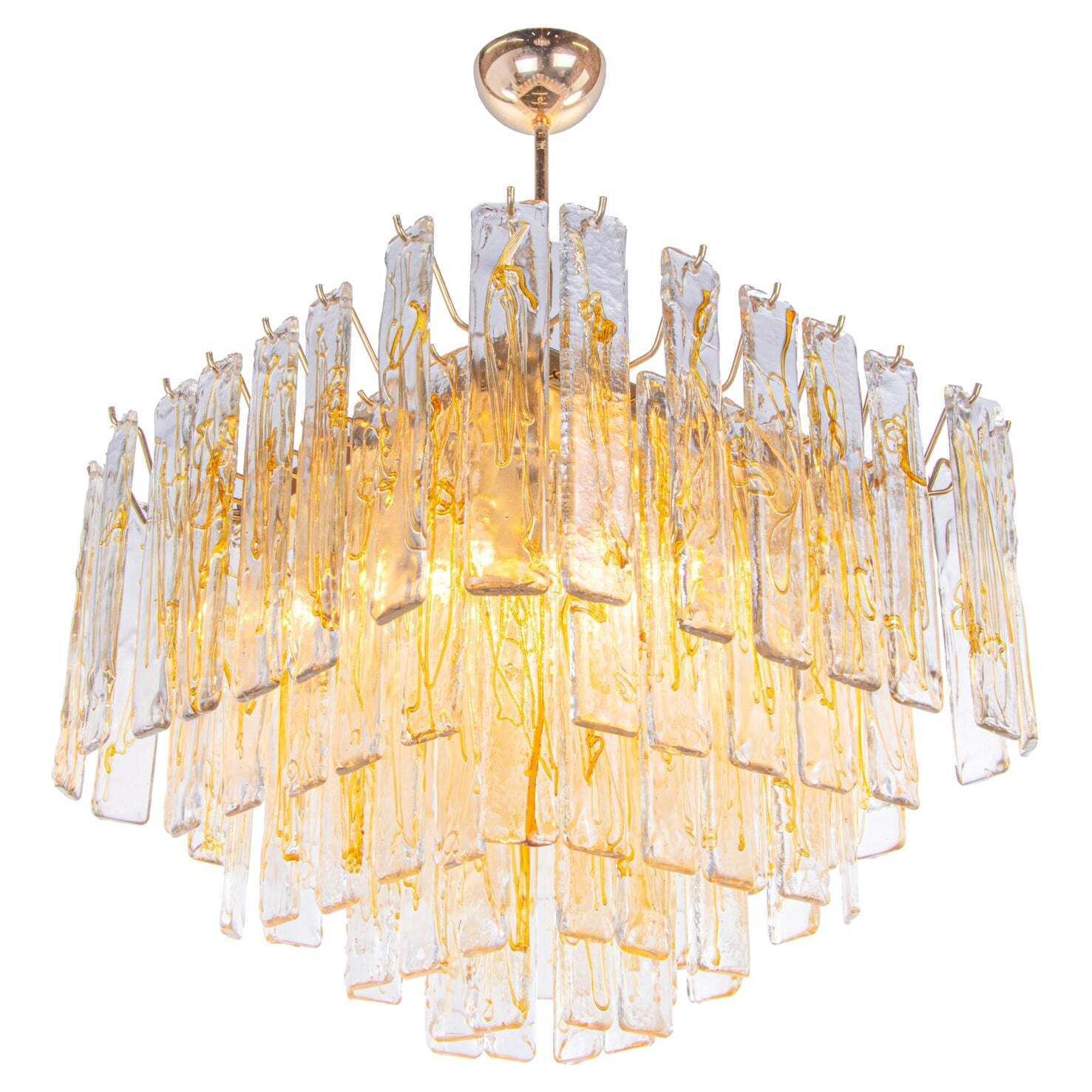 Amber Murano 24" Lava Chandelier Glass & Brass By La Murrina, Italy 1970s