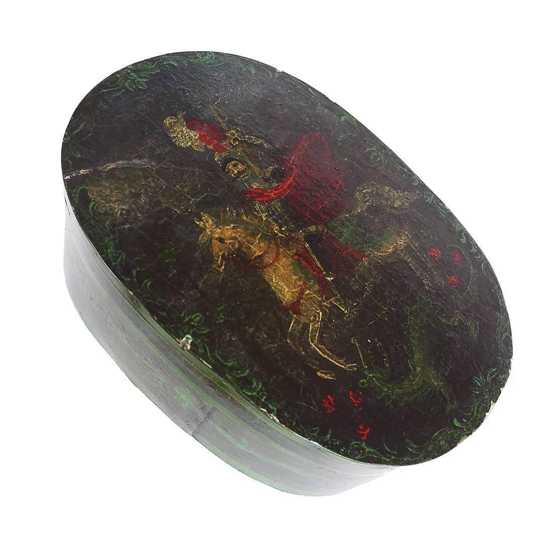 European 19th Century Painted Wooden Oval Box 'Saint George & The Dragon'