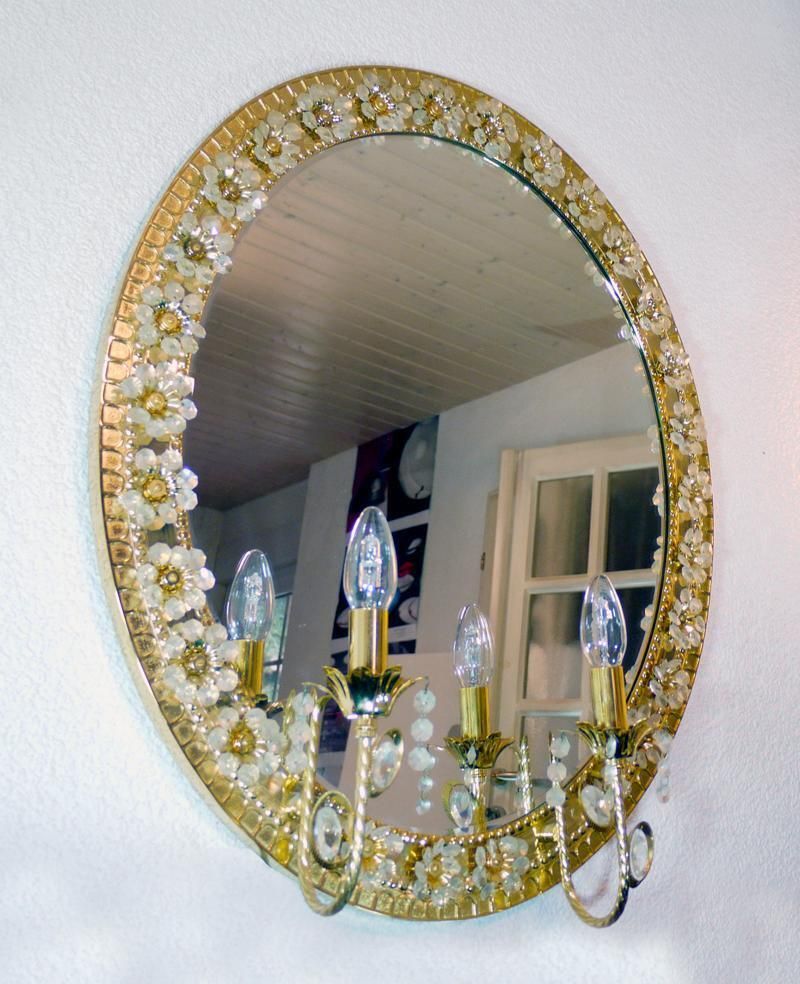 Illuminated Oval Mirror Crystal & Gilt Brass By Palwa, Germany 1960 photo Home Decor