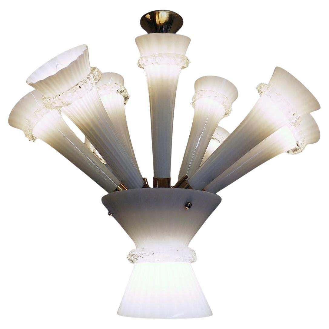 Venini Trumpet Chandelier Opaline Murano Glass & Brass, Italy 1960