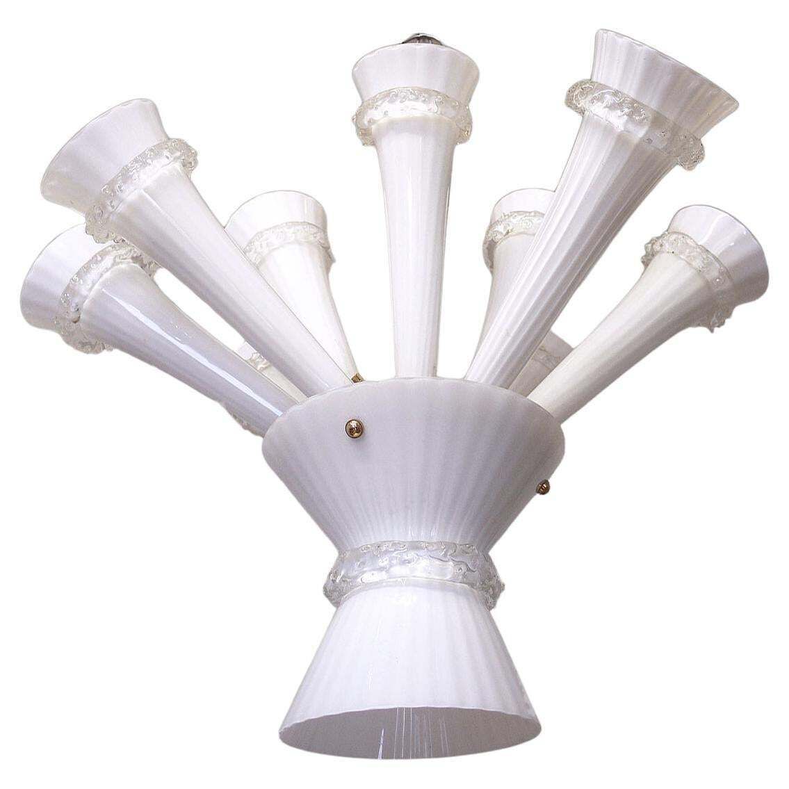 Venini Trumpet Chandelier Opaline Murano Glass & Brass, Italy 1960 photo furniture