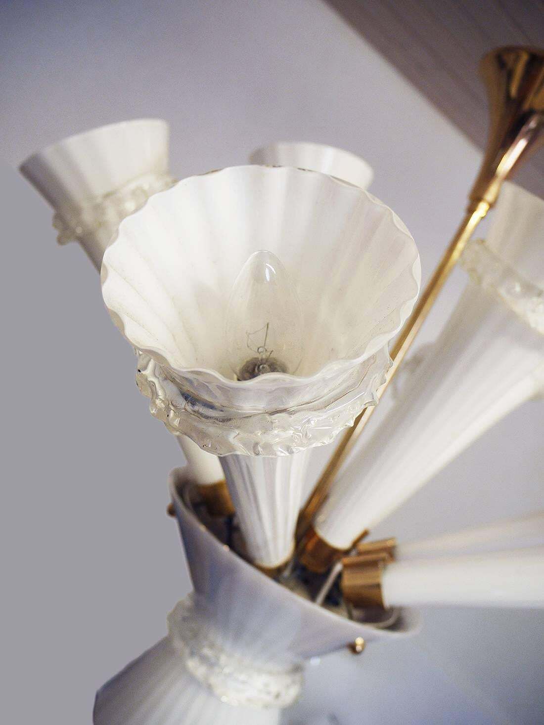 Venini Trumpet Chandelier Opaline Murano Glass & Brass, Italy 1960 photo buy