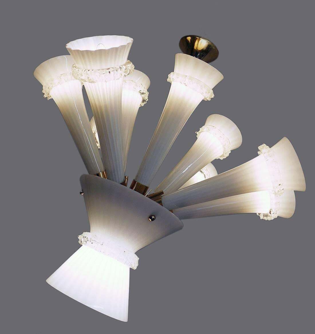 photo furniture Venini Trumpet Chandelier Opaline Murano Glass & Brass, Italy 1960