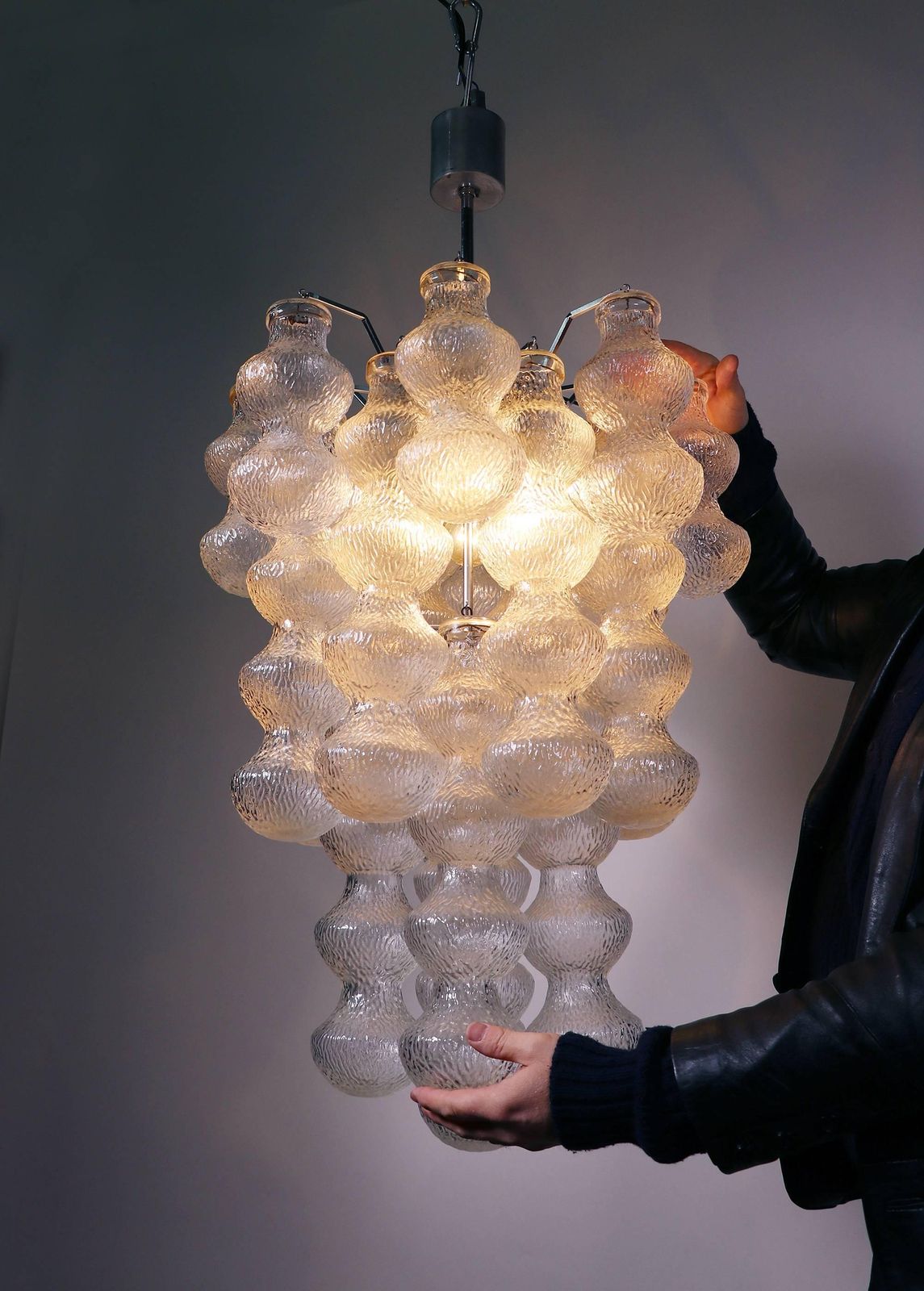 photo for sale Seguso 40" Chandelier Murano Glass & Chrome By Napoleone Martinuzzi, Italy 1960
