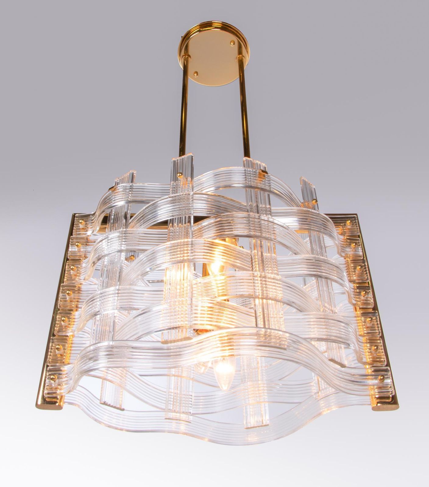 Venini 20" Nastri Chandelier Wave Shaped Murano Glass & Gold Plated Brass, 1970s photo Lighting