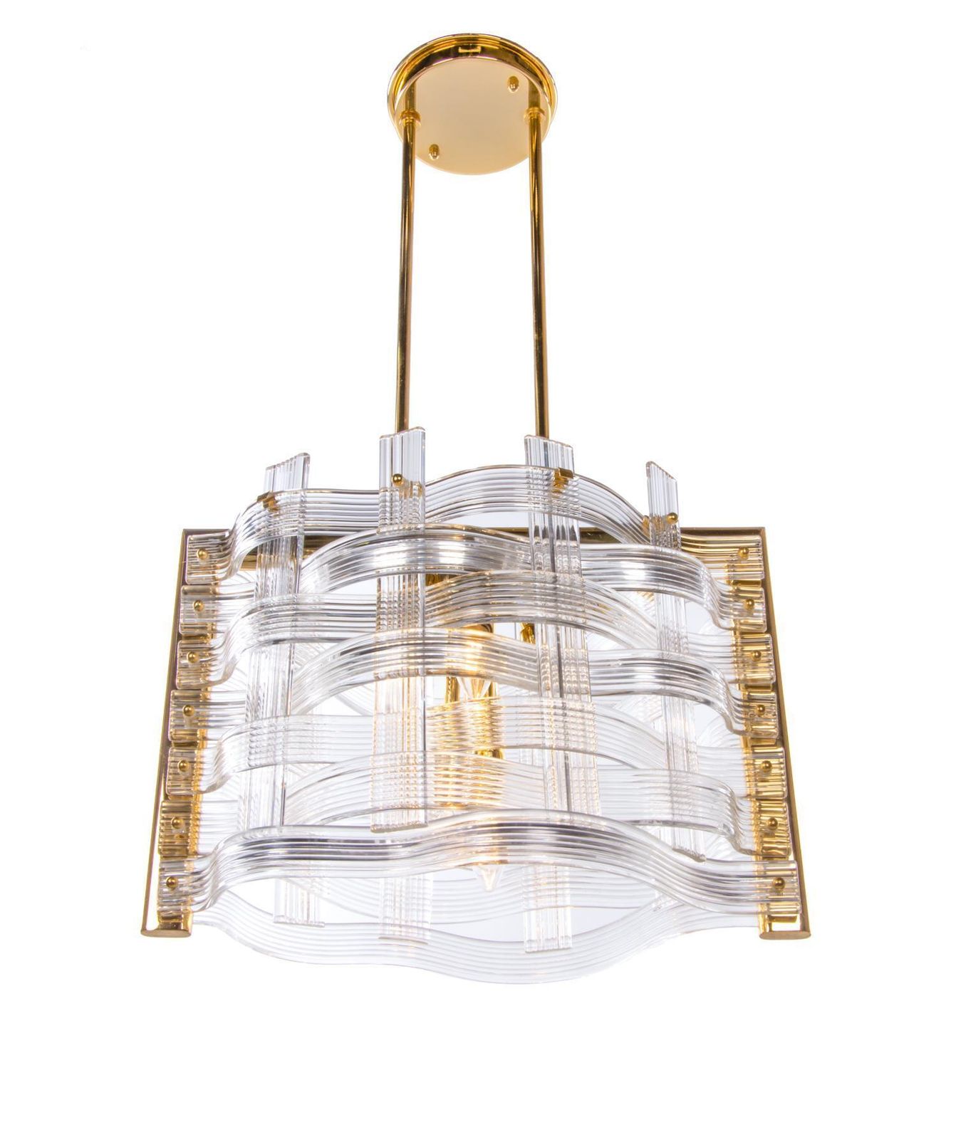 photo for sale Venini 20" Nastri Chandelier Wave Shaped Murano Glass & Gold Plated Brass, 1970s
