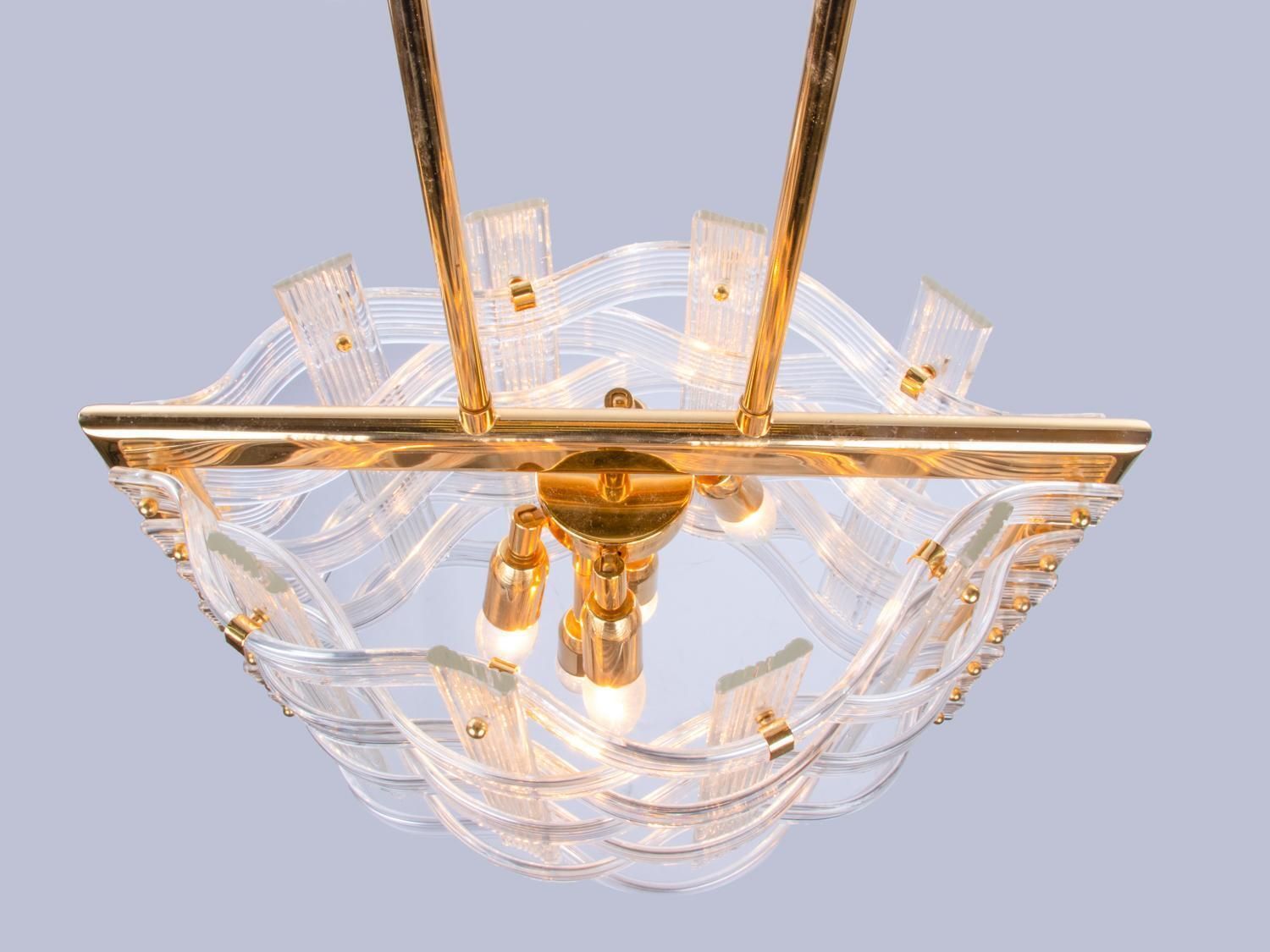 Lighting Venini 20" Nastri Chandelier Wave Shaped Murano Glass & Gold Plated Brass, 1970s photo