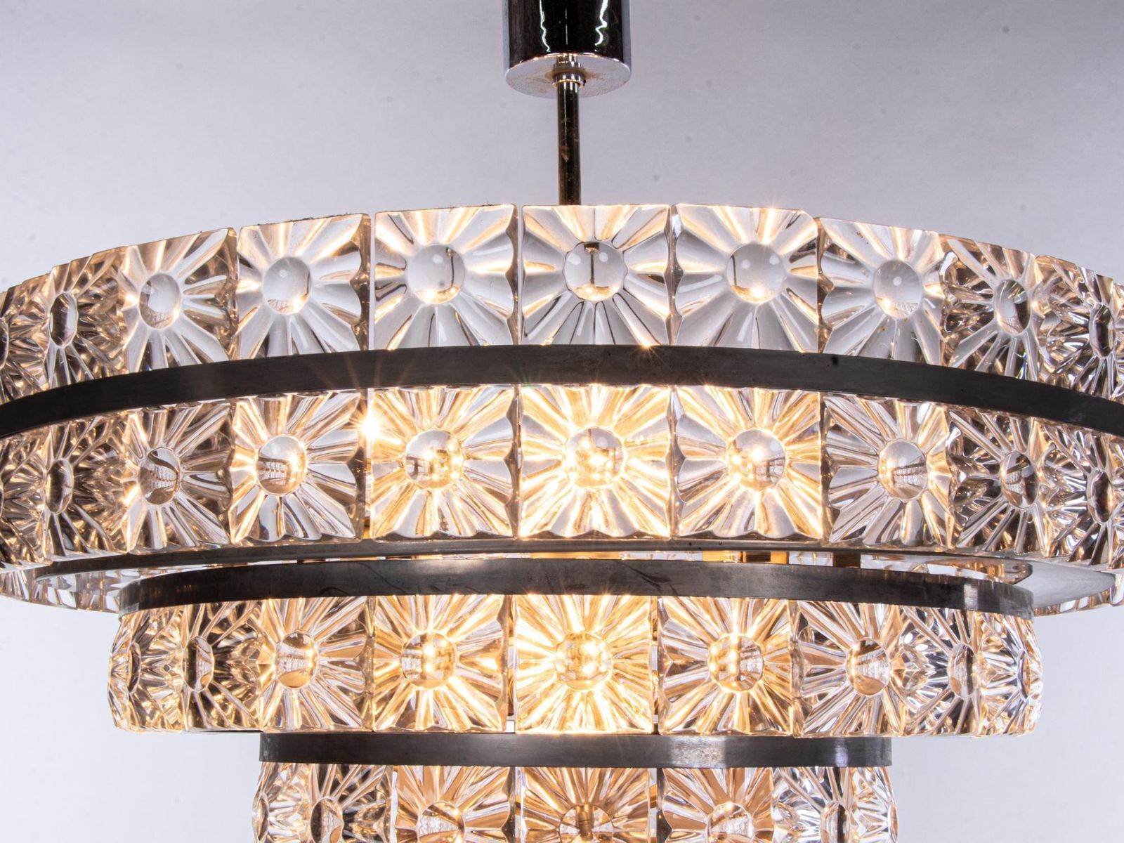 Carl Fagerlund 5 Tier 26" Lens Chandelier Crystal & Nickel, Orrefors Sweden 1960 photo for sale