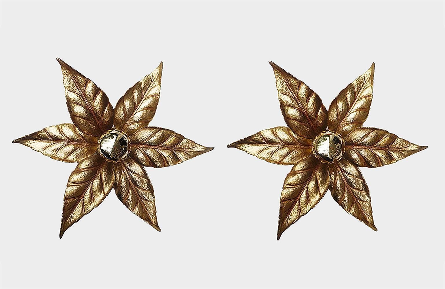 1 (Of 2) Pair Of 1970 Belgium Willy Daro Massive Wall Sconce Brass Leaves photo furniture