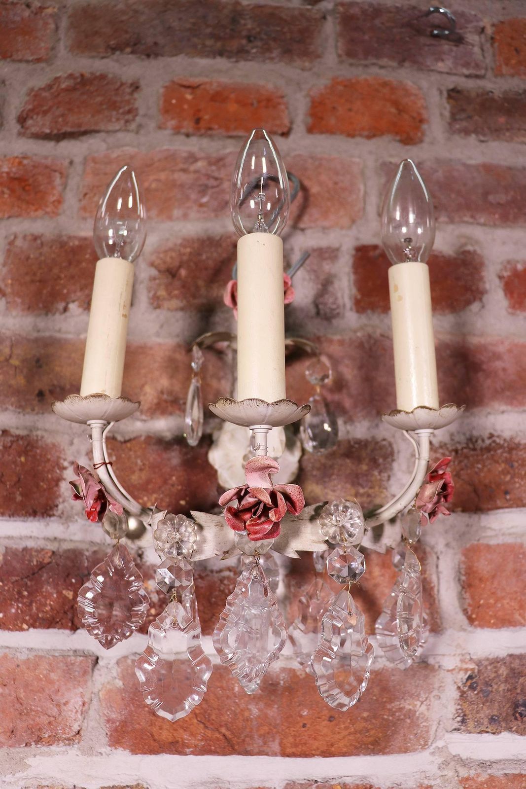 Pair Of Italian Wall Sconces Painted Tole & Crystal, Italy, 1940s photo vinterior