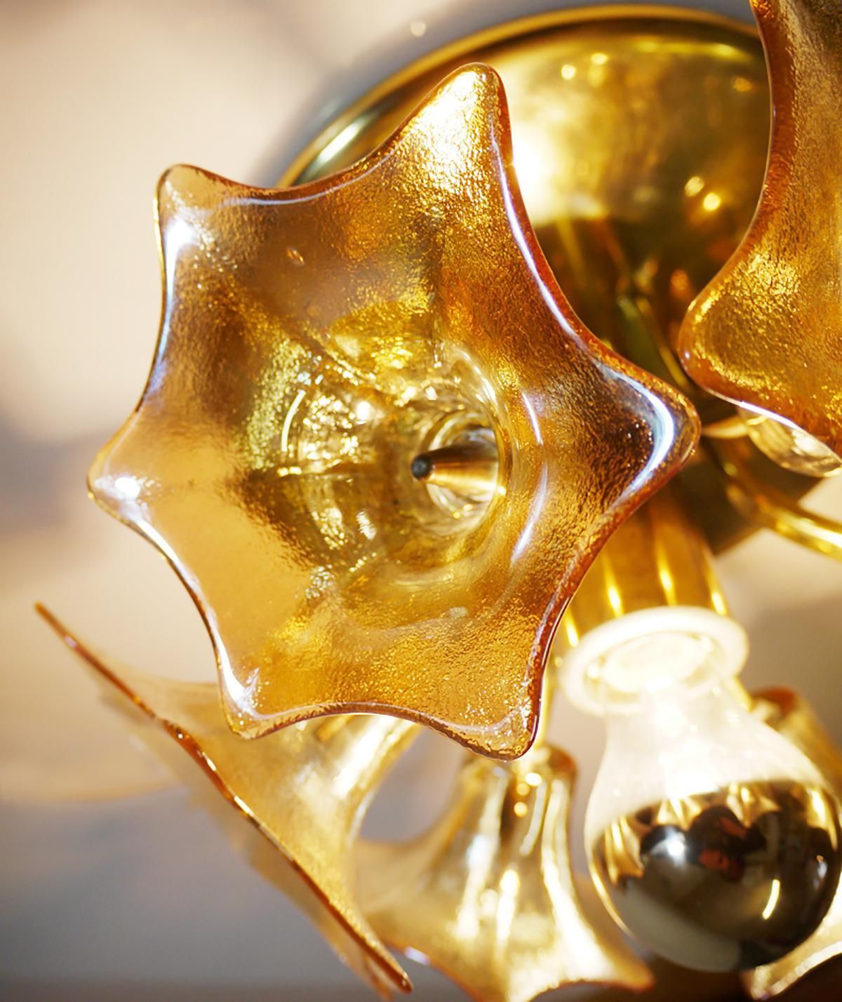 Amber Murano Sputnik Flower Flush Mount Iridescent Glass & Brass, Sische 1960 photo 1307.0