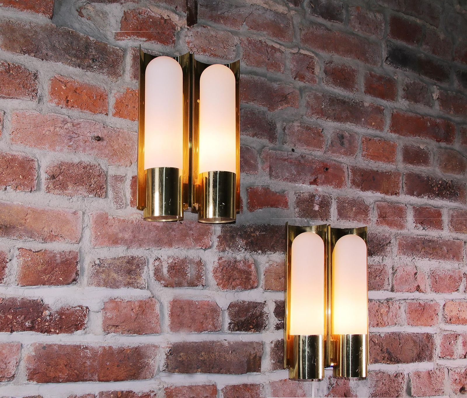 1 (Of 3) Pair Of 1970 Germany Limburg Double Wall Sconces Opaline Glass & Brass photo furniture
