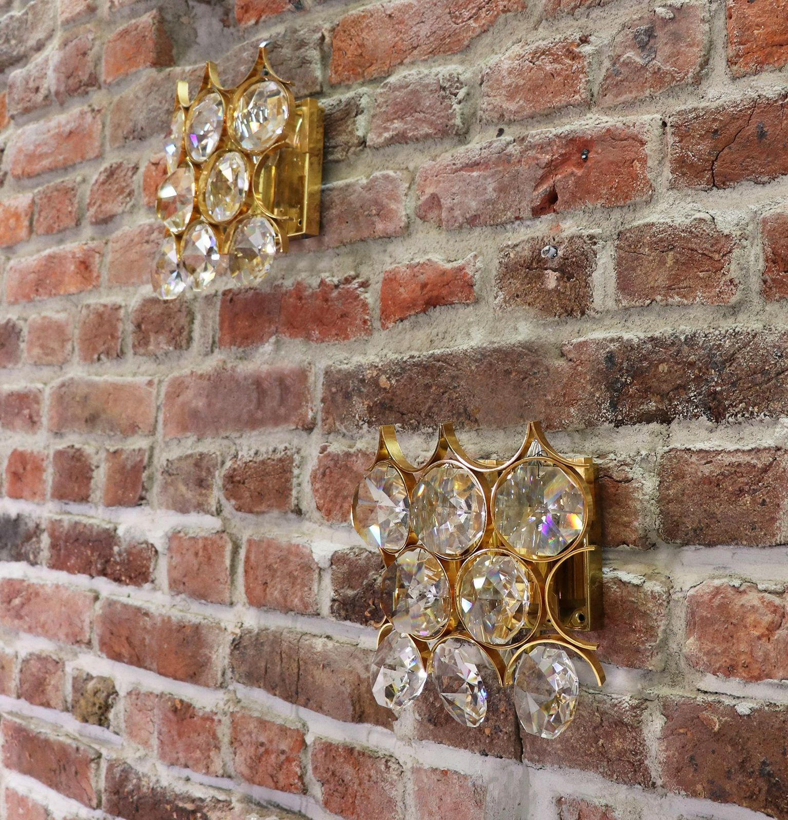 1960 German Palwa Pair Of Wall Sconces Crystal Glass & Gilt Brass photo Lighting