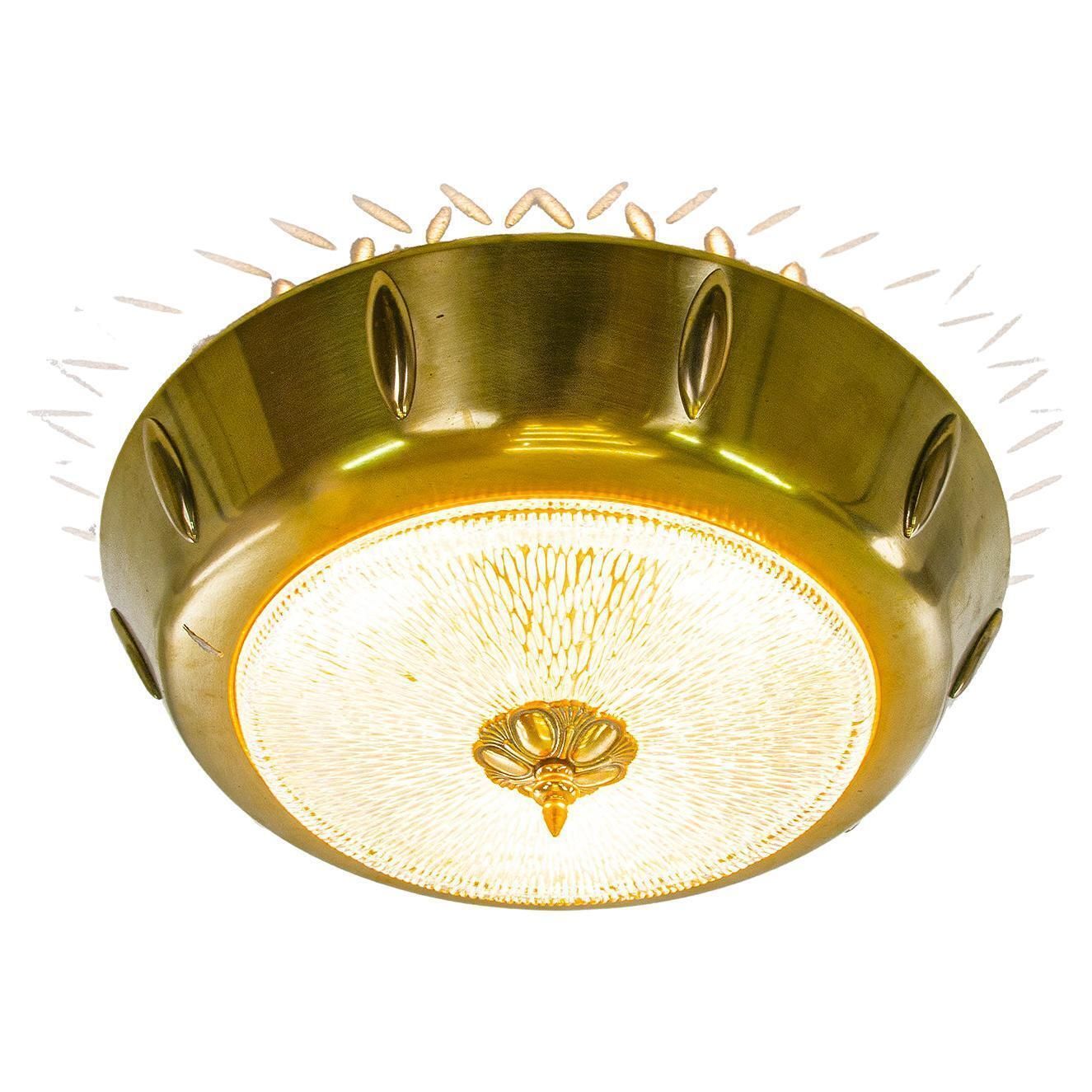 French Art Deco Flush Mount Chandelier Glass & Brass 1930s