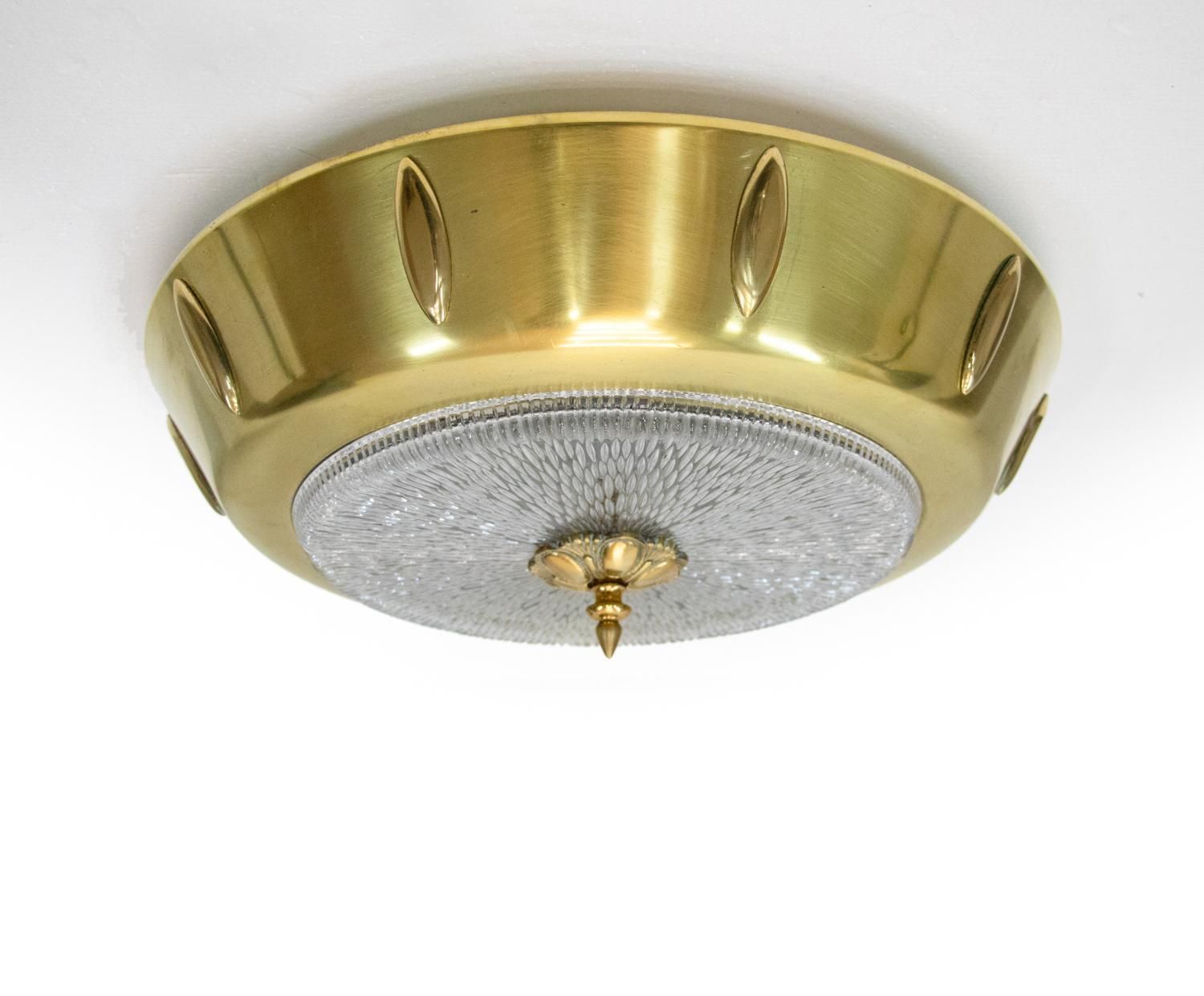 French Art Deco Flush Mount Chandelier Glass & Brass 1930s photo Lighting
