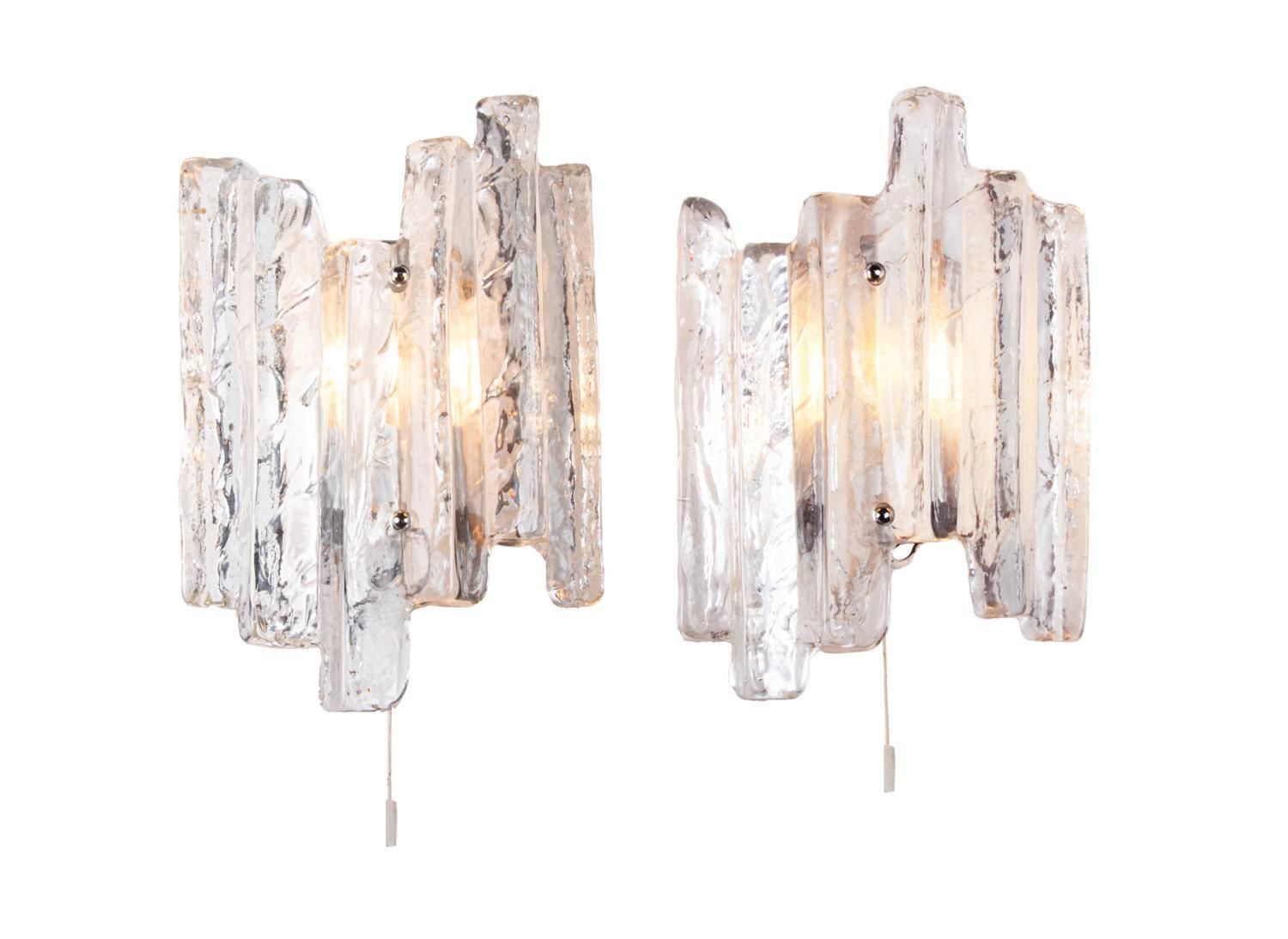 1 'Of 2' Pair Of Kalmar Wall Sconces Frosted Glass And Chrome, Austria 1960s photo buy