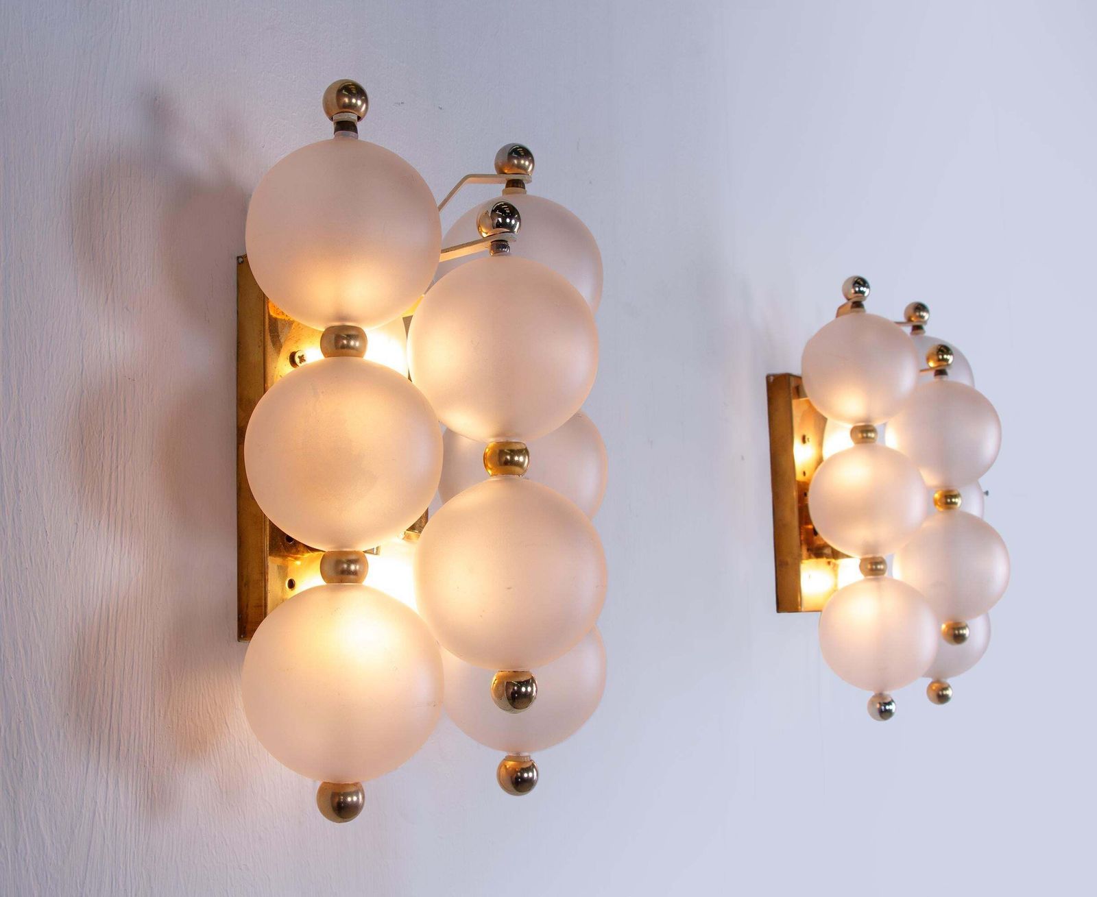 Pair Of Kinkeldey Wall Sconces Frosted Glass Balls & Brass, Germany 1960s photo Lighting