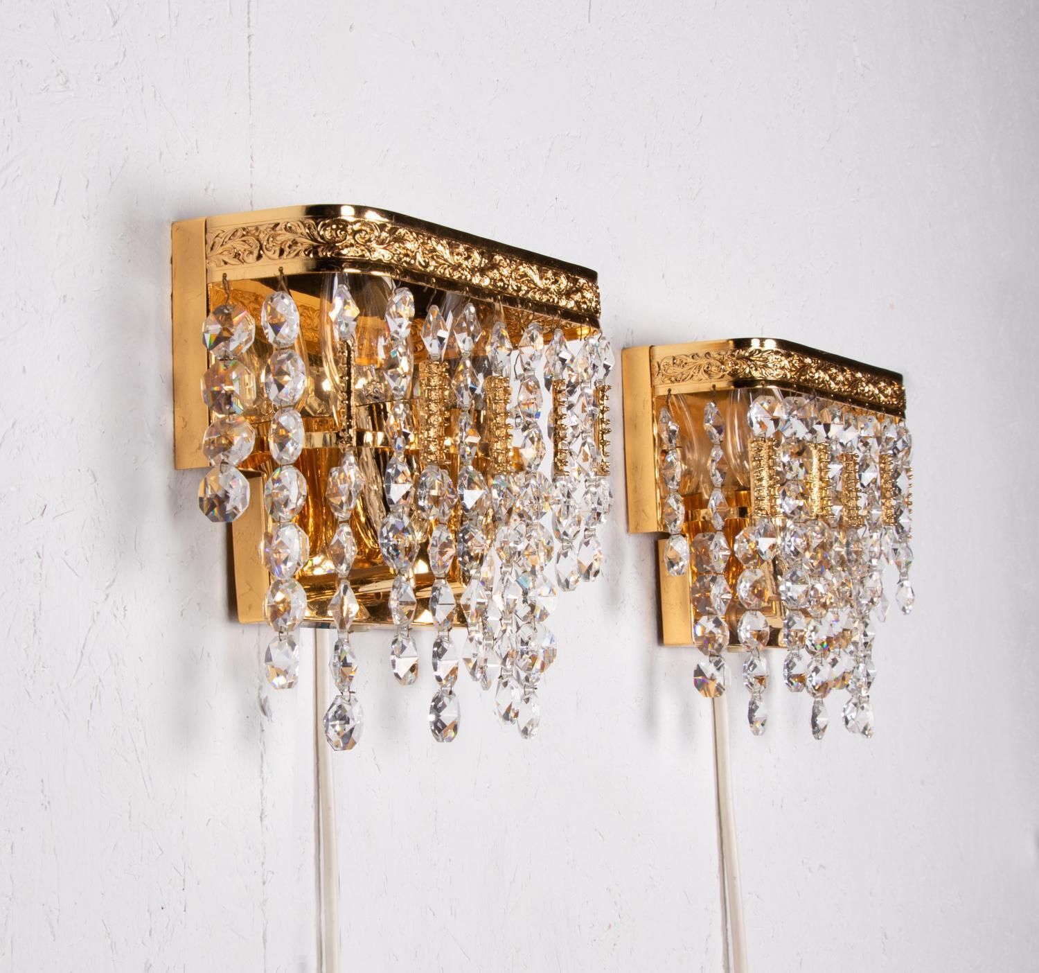 1960 Germany Palwa Glamorous Jewel Wall Sconce Crystal & Gilt Brass, Set Of 2 photo for sale