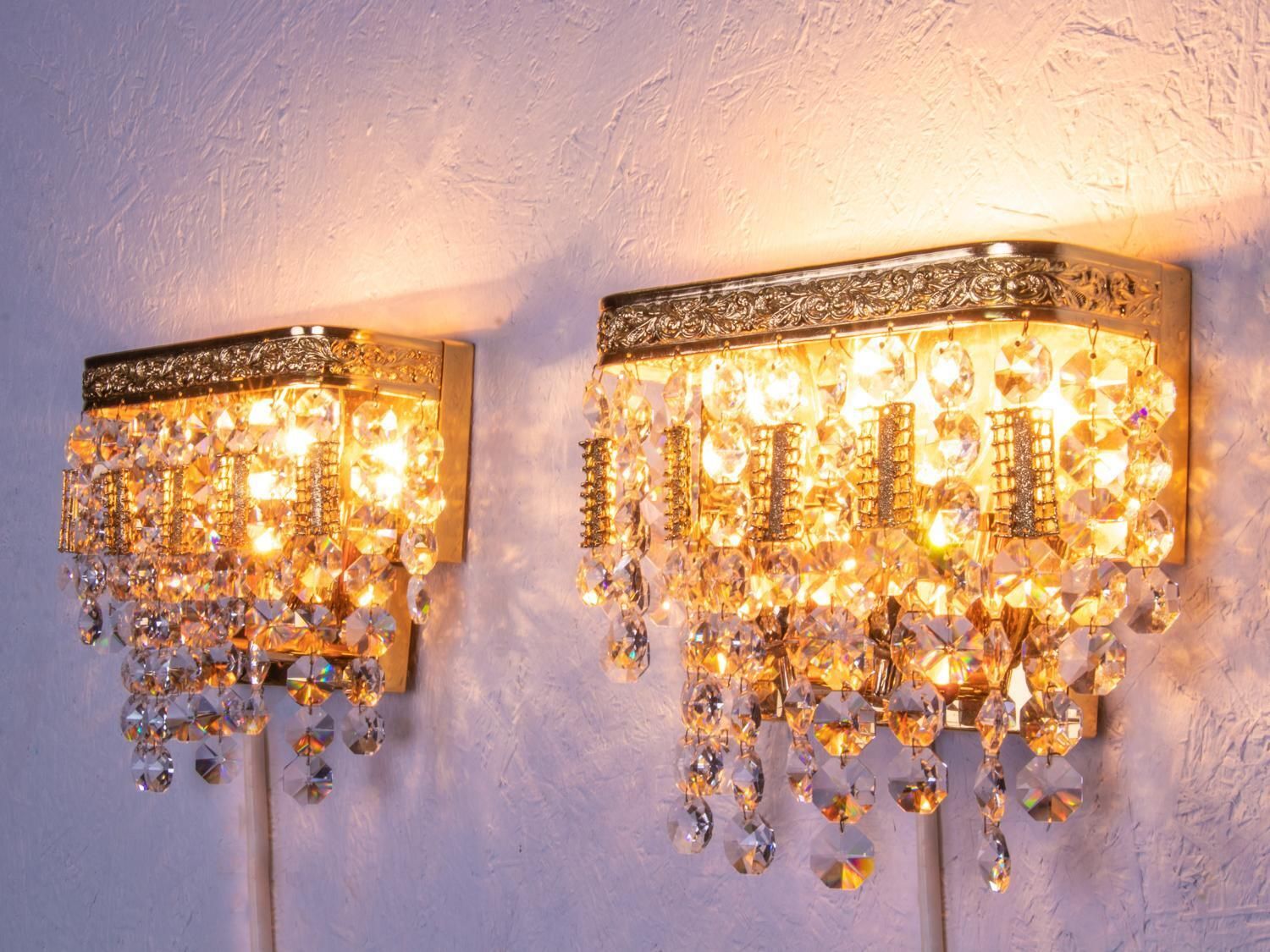 1960 Germany Palwa Glamorous Jewel Wall Sconce Crystal & Gilt Brass, Set Of 2 photo vintage