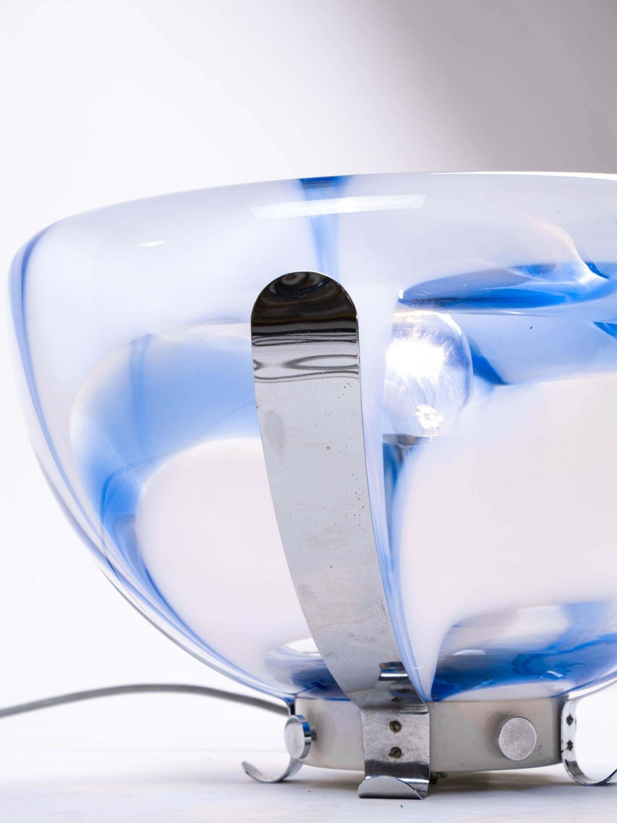 1970 Italy Mazzega Tulip Table Lamp & Flush Mount Blue Murano Glass & Chrome photo for sale