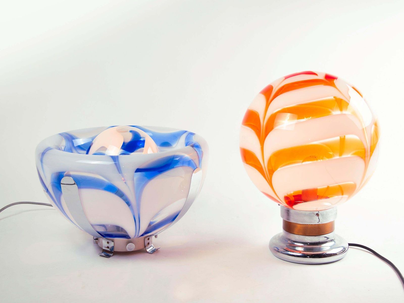 1970 Italy Mazzega Tulip Table Lamp & Flush Mount Blue Murano Glass & Chrome photo vinterior