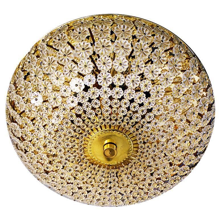 Large Floral Flush Mount Chandelier Crystal & Brass By Emil Stejnar Attr. 1950s