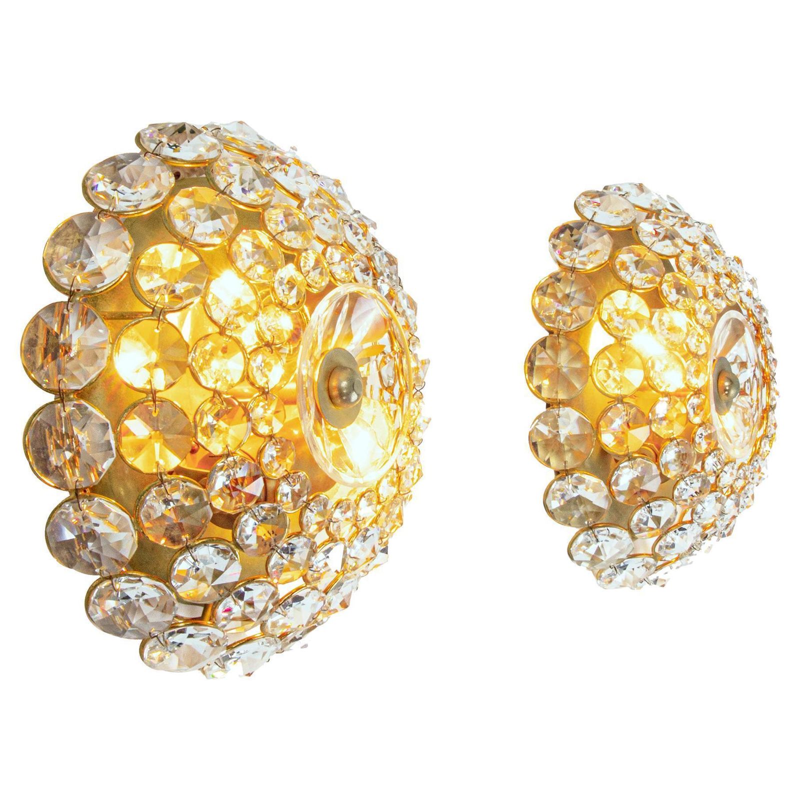 Pair Of Gold Plated Brass And Crystal Glass Wall Lamps Sconces By Palwa, 1960