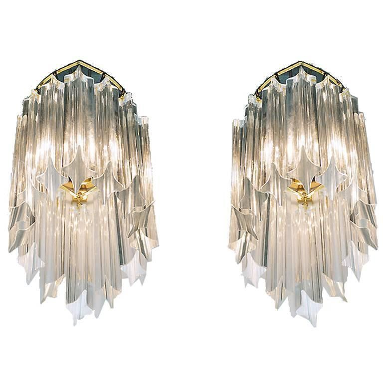 Pair Of Novaresi Wall Sconces Crystals & Gilt Brass, Italy 1970s