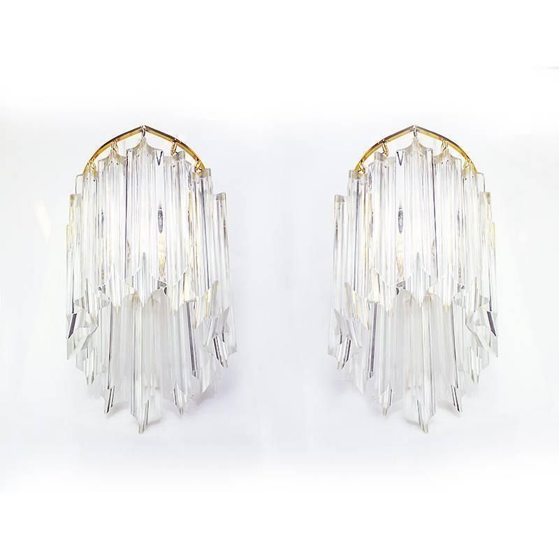 Pair Of Novaresi Wall Sconces Crystals & Gilt Brass, Italy 1970s photo furniture