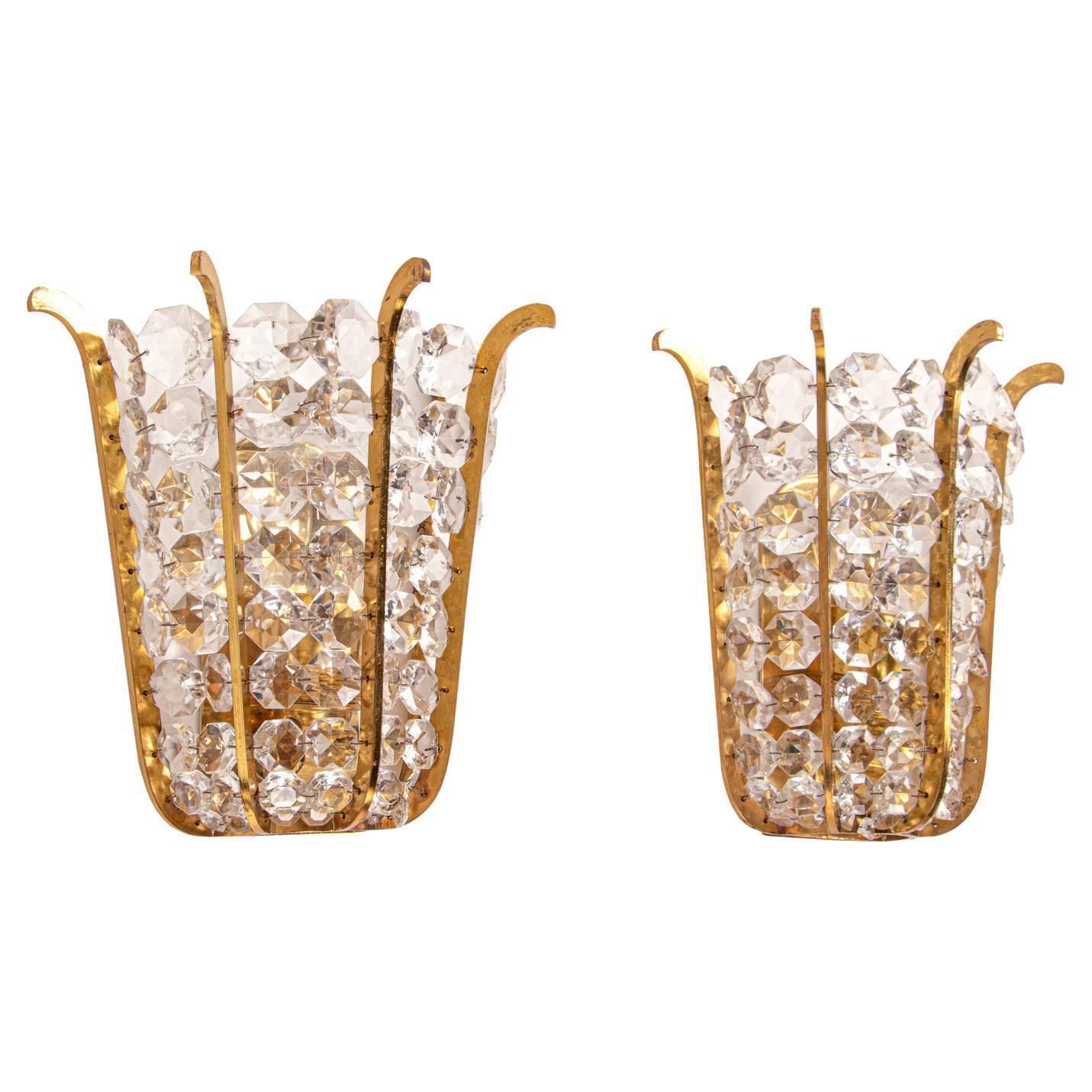 Pair Of Faceted Wall Sconces Crystal & Brass By Bakalowits, Austria, 1960