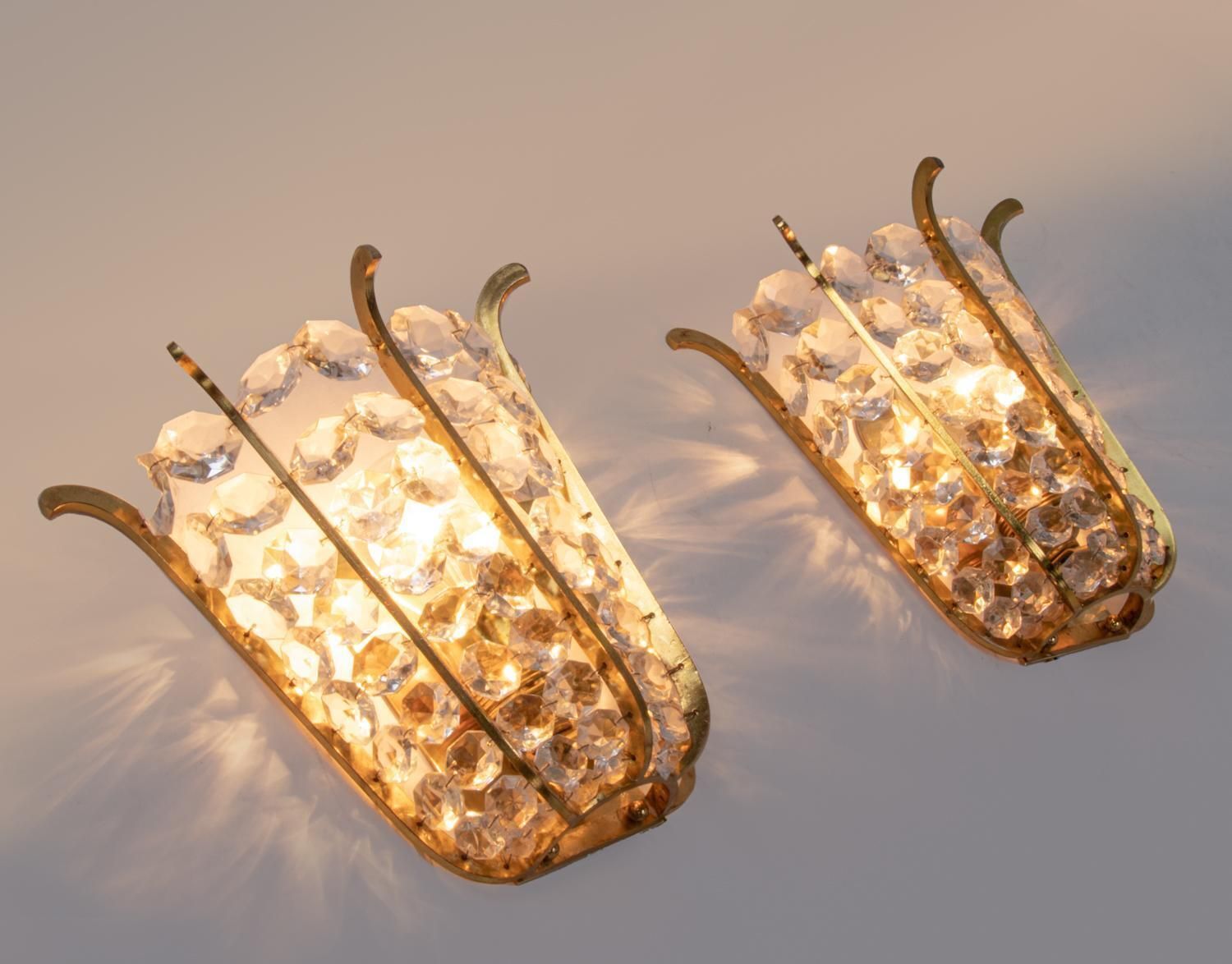 Pair Of Faceted Wall Sconces Crystal & Brass By Bakalowits, Austria, 1960 photo vinterior