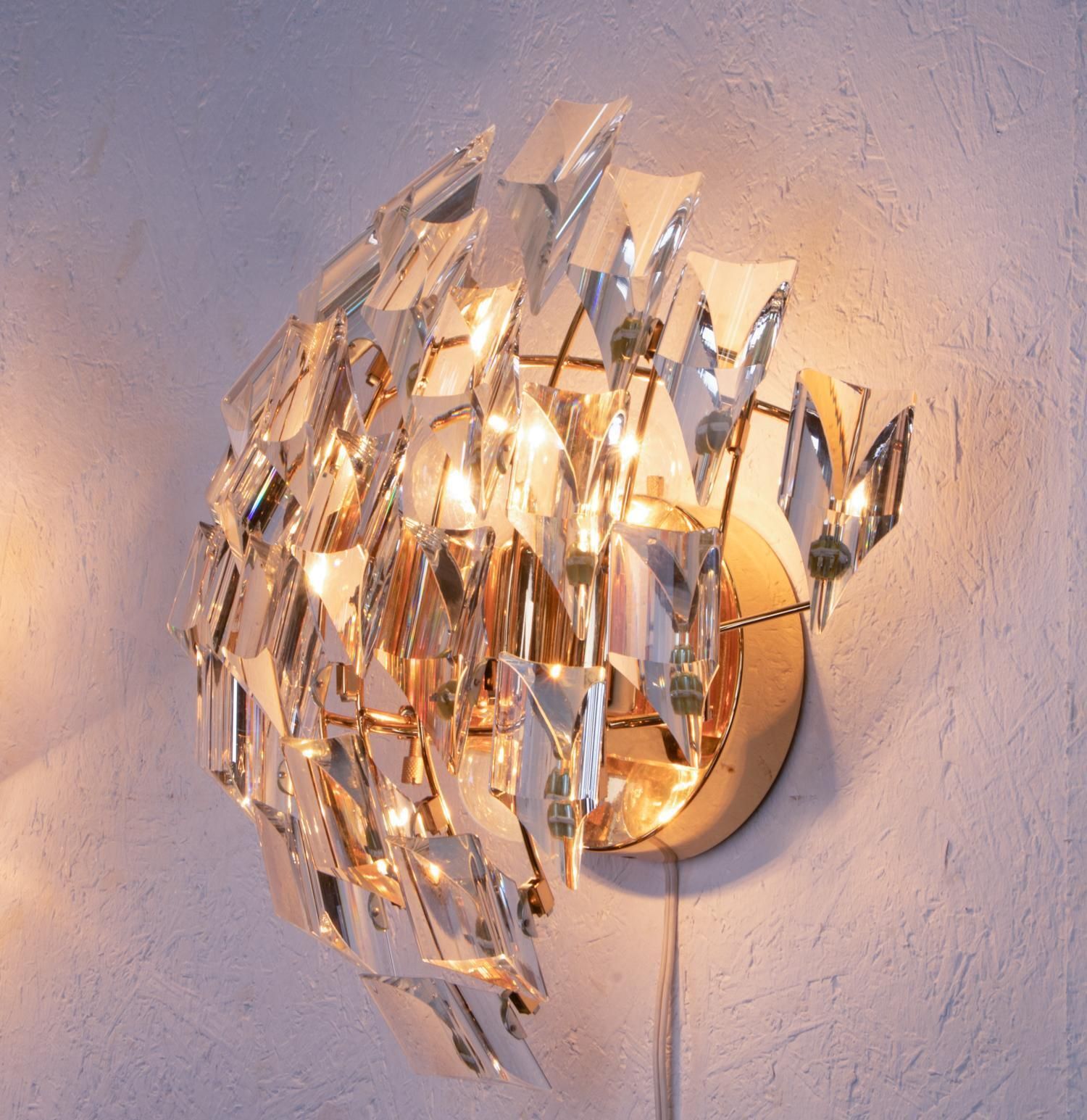 Pair Of Crystal & Gold Plated Wall Lights By Oscar Torlasco For Stilkronen 1970s photo 2745.0