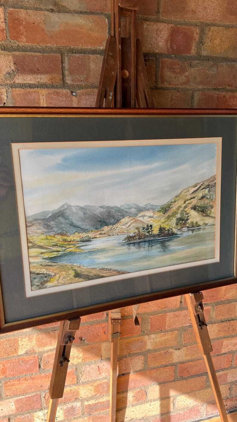 Framed Mid Century Watercolour Painting – Tranquil Lake & Mountain Landscape photo furniture