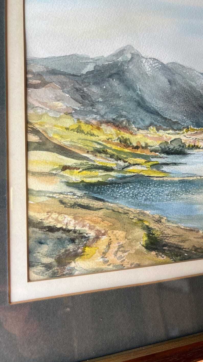 Framed Mid Century Watercolour Painting – Tranquil Lake & Mountain Landscape photo for sale