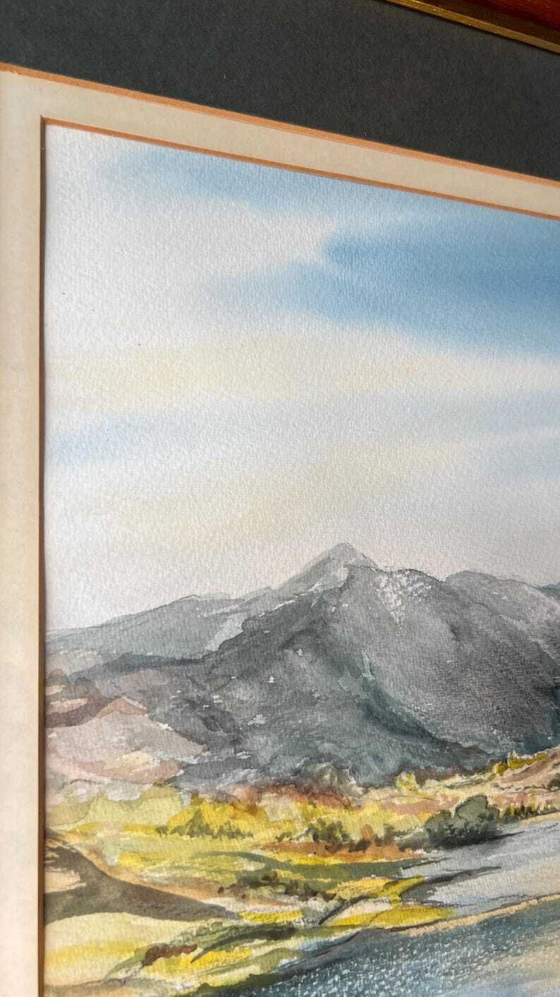 Framed Mid Century Watercolour Painting – Tranquil Lake & Mountain Landscape photo Home Decor