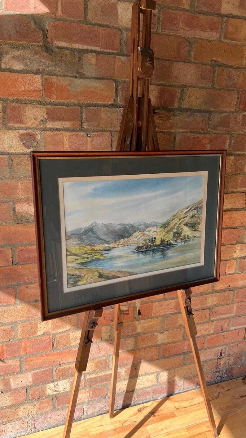 photo for sale Framed Mid Century Watercolour Painting – Tranquil Lake & Mountain Landscape