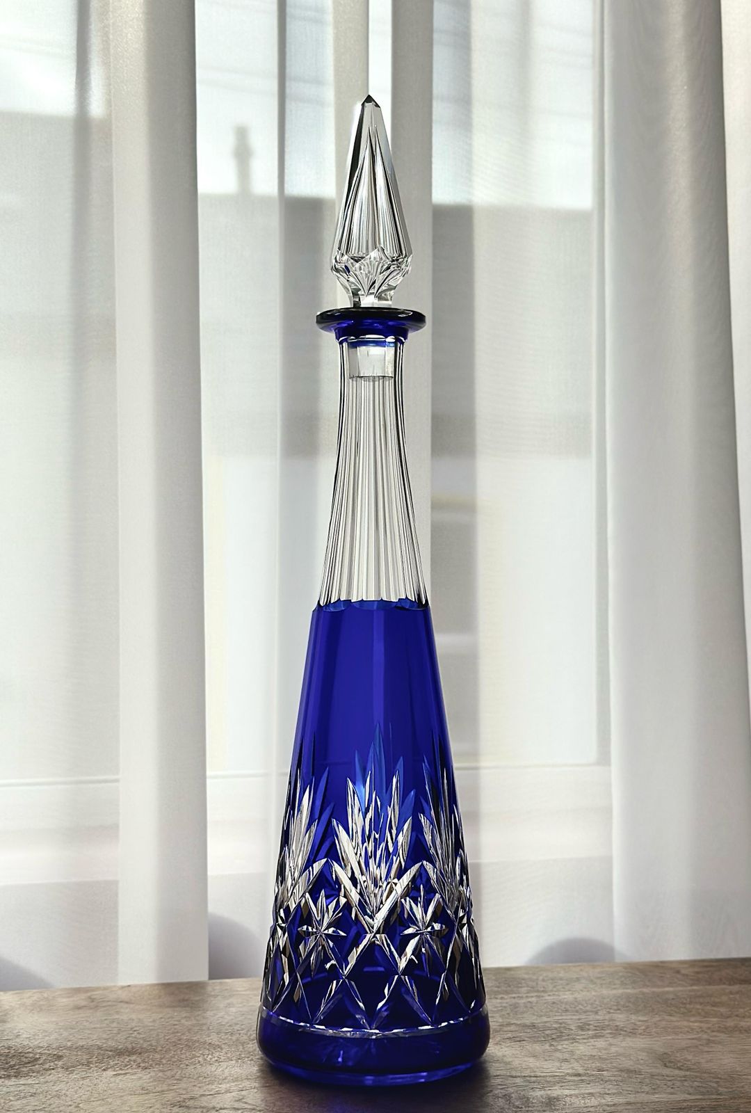 St Louis Massenet Crystal Decanter, Blue Overlay Cut Glass, 41 Cm Tall, Vintage French Barware, Elegant Liquor Bottle (Not Signed)