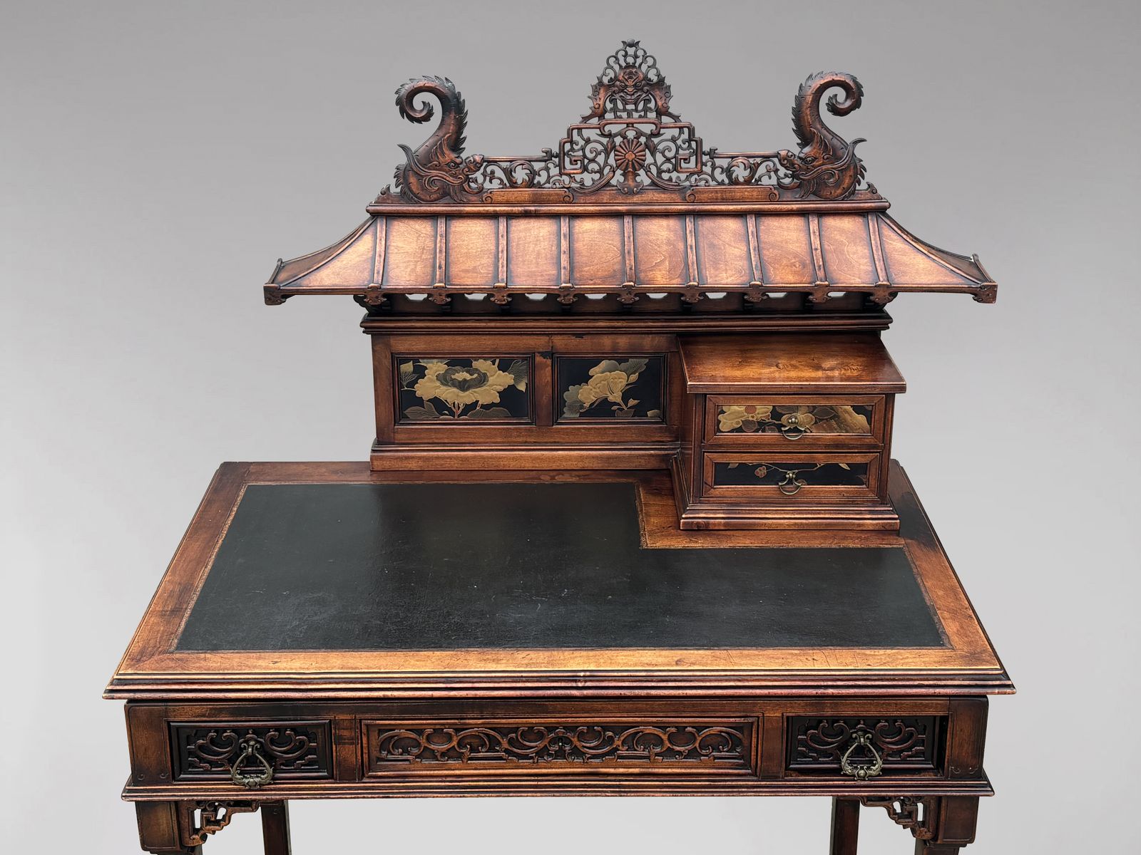 19th Century Chinese Chippendale Carved Pagoda Top Writing Table photo Furniture