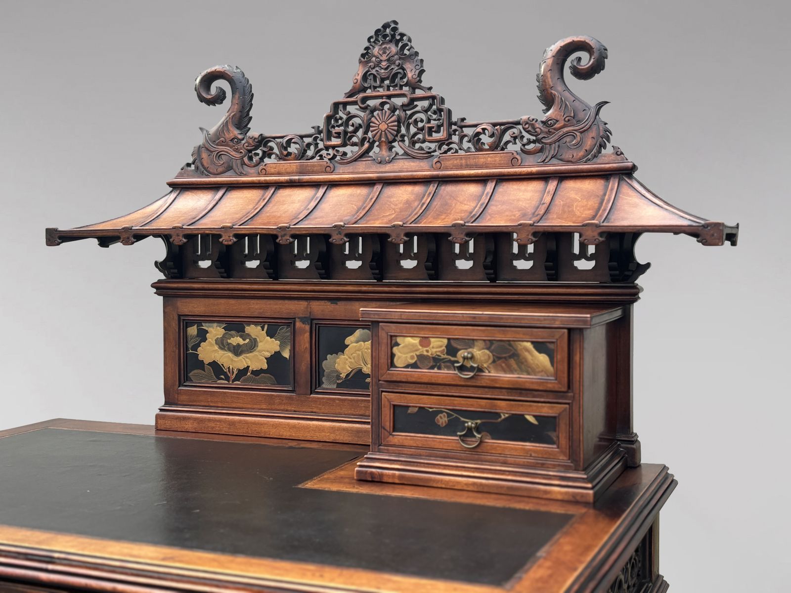 Furniture 19th Century Chinese Chippendale Carved Pagoda Top Writing Table photo