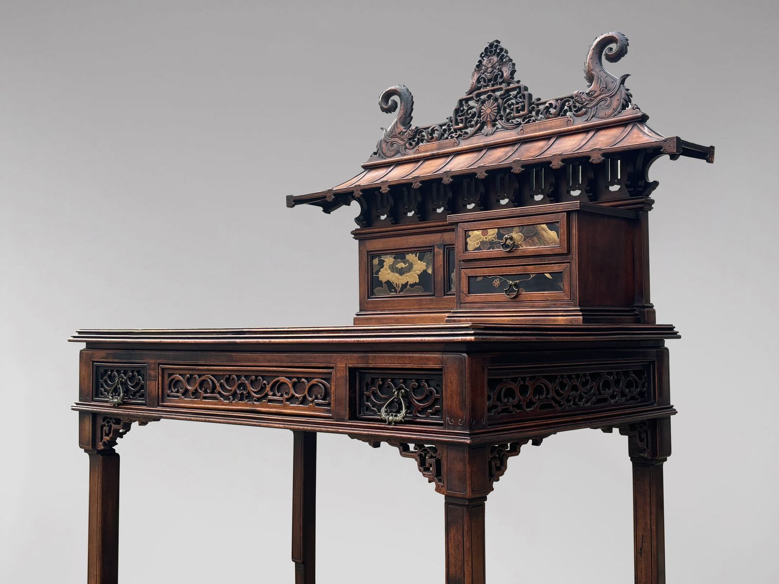 3600.0 19th Century Chinese Chippendale Carved Pagoda Top Writing Table photo