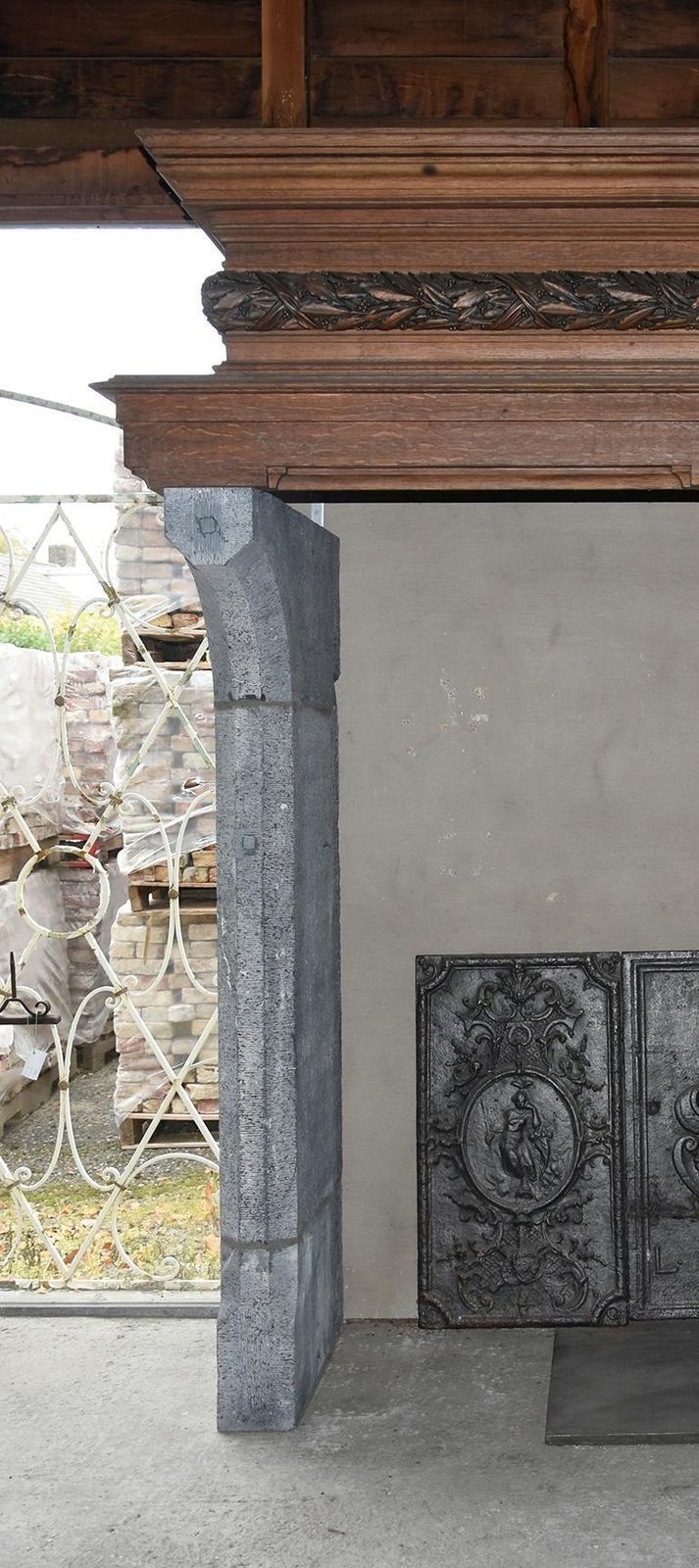 Antique Bluestone Fireplace Mantel With Wooden Mantel From The 19th Century photo furniture