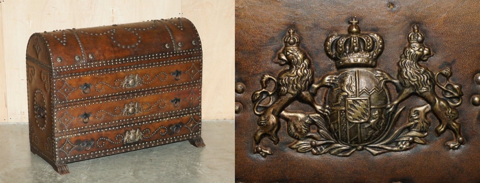 Antique Spanish Leather Domed Top Armorial Crest Coat Of Arms Chest Of Drawers