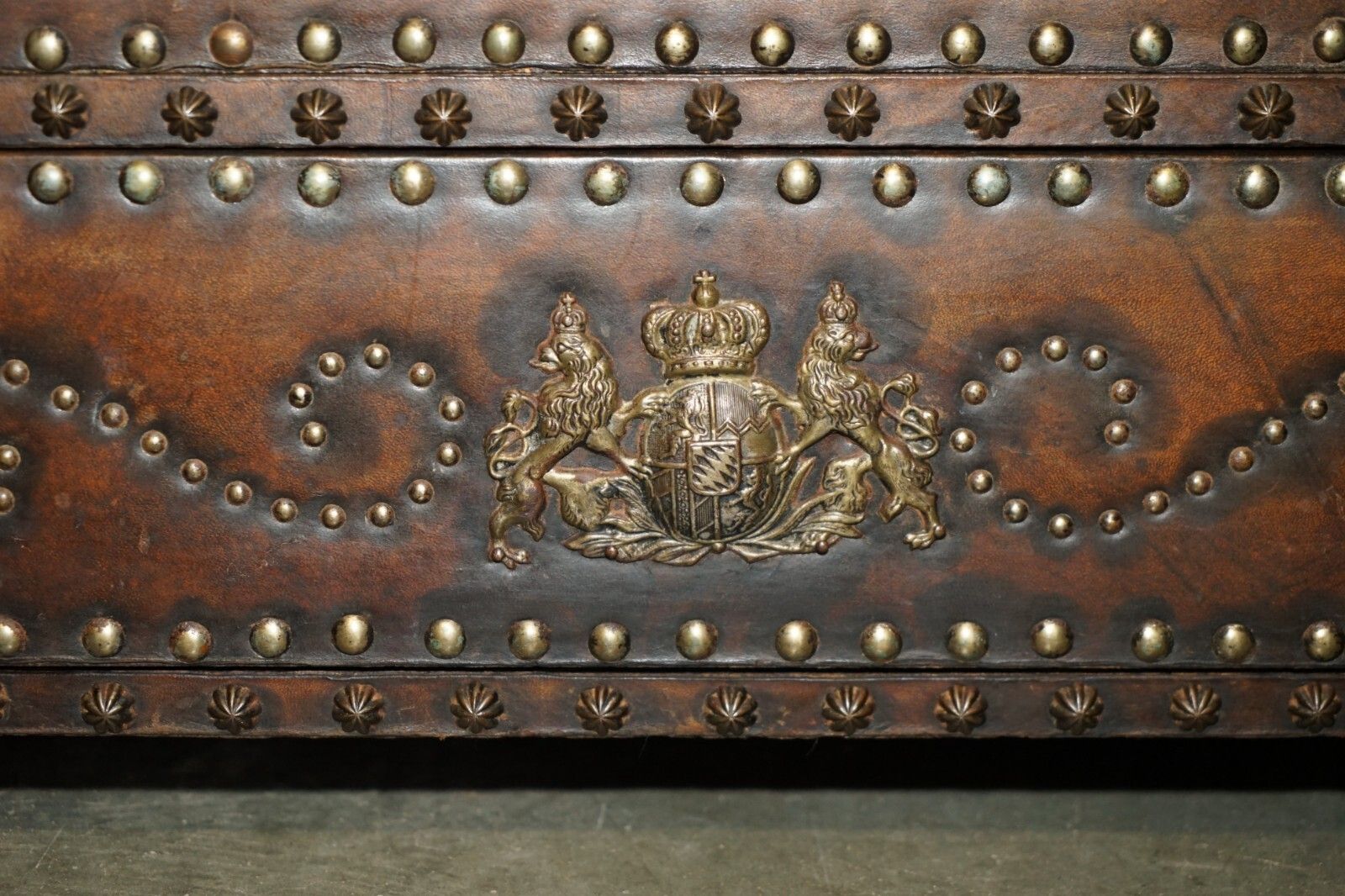 Antique Spanish Leather Domed Top Armorial Crest Coat Of Arms Chest Of Drawers photo Furniture