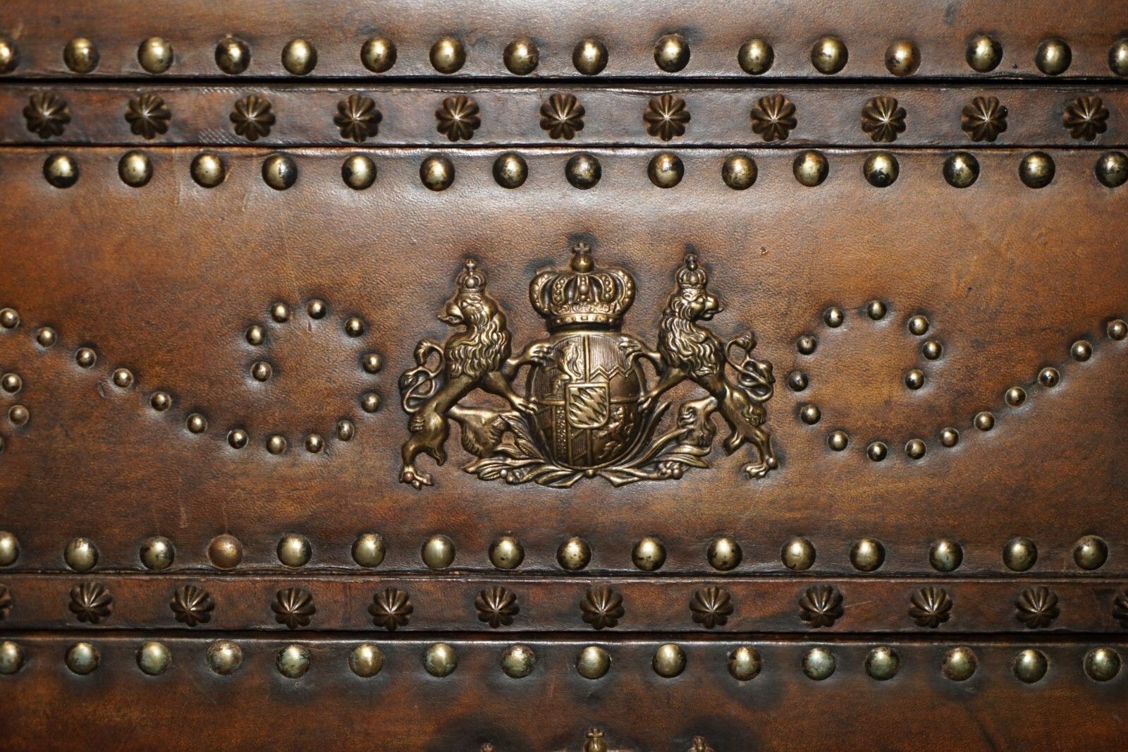 Antique Spanish Leather Domed Top Armorial Crest Coat Of Arms Chest Of Drawers photo 2950.0