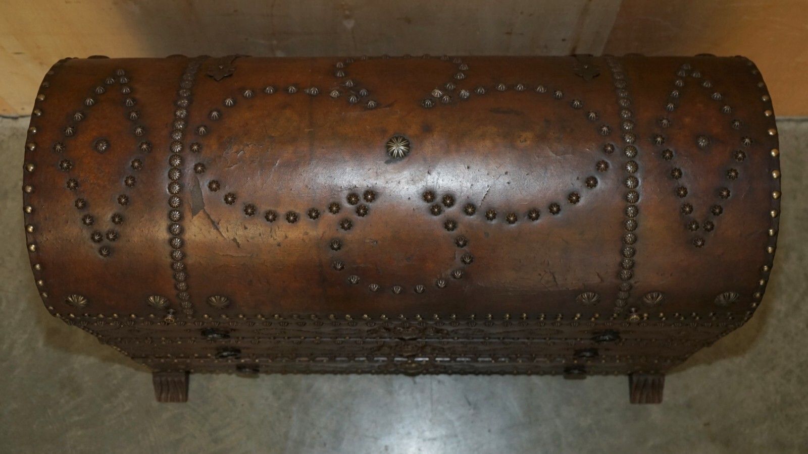 Antique Spanish Leather Domed Top Armorial Crest Coat Of Arms Chest Of Drawers photo vintage