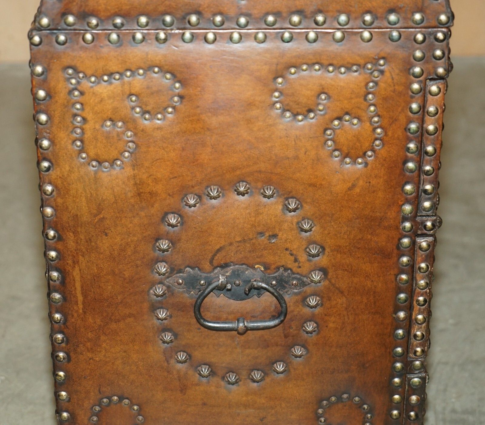 Furniture Antique Spanish Leather Domed Top Armorial Crest Coat Of Arms Chest Of Drawers photo