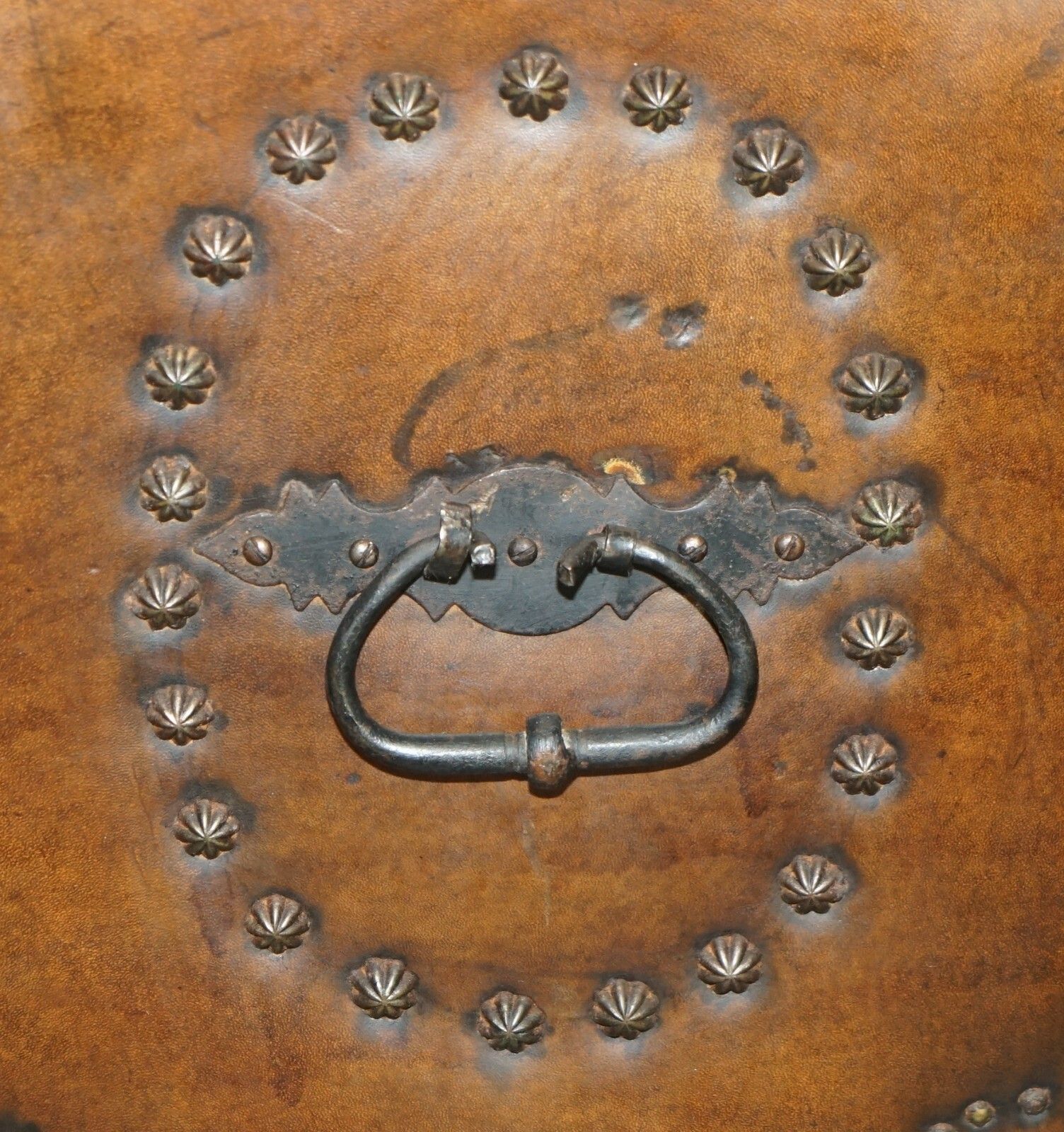 2950.0 Antique Spanish Leather Domed Top Armorial Crest Coat Of Arms Chest Of Drawers photo