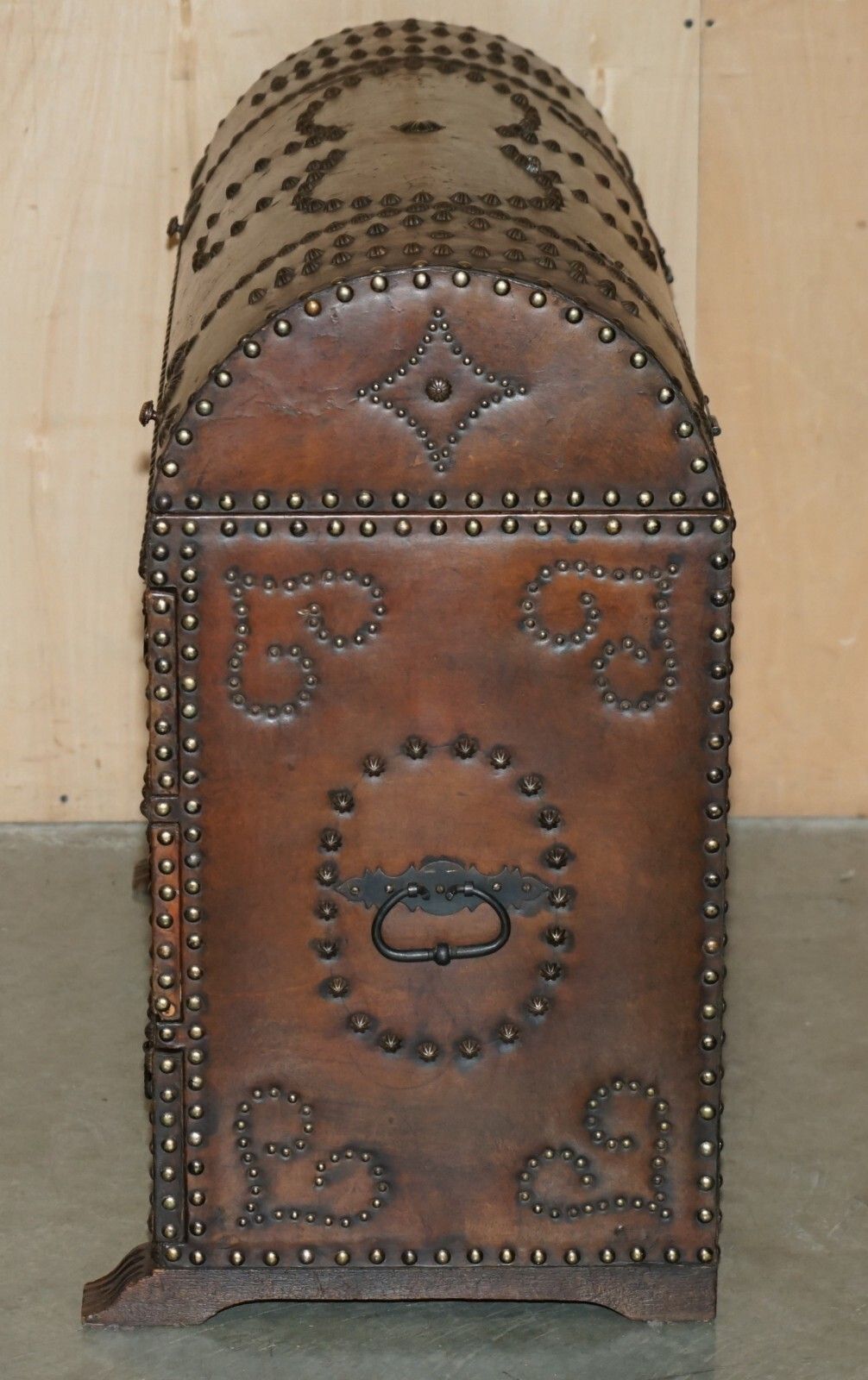 photo buy Antique Spanish Leather Domed Top Armorial Crest Coat Of Arms Chest Of Drawers